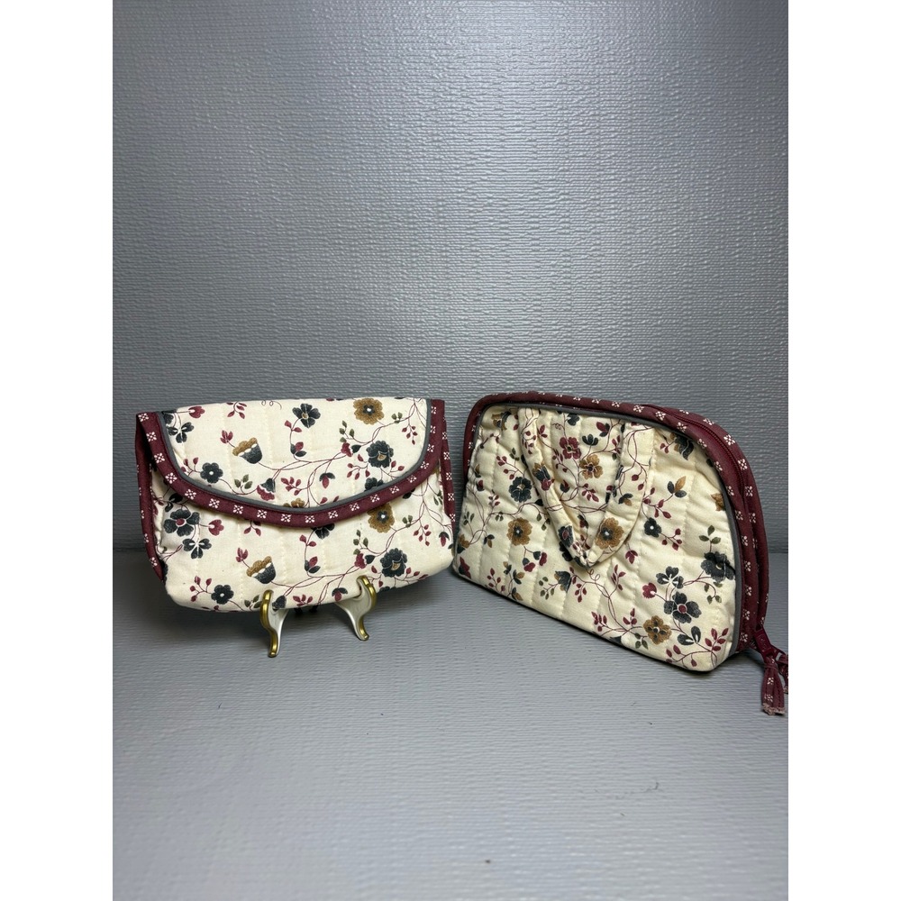 Totes Vintage Style Quilted Floral Makeup Bag & Mirror Pouch Set Cream Burgundy